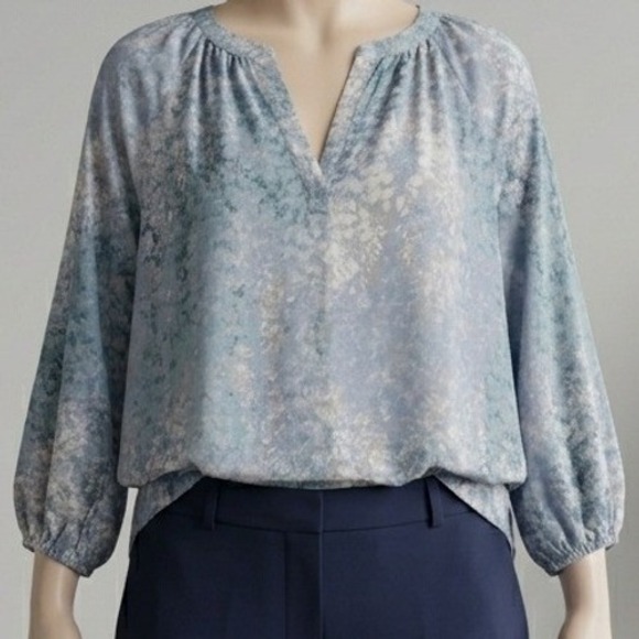 Cynthia Rowley Tops - Cynthia Rowley Blouse Womens Small Blue Sheer Abstract Floral V-Neck High-Low